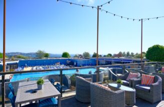 Terrace overlooking outdoor pool