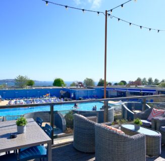 Terrace overlooking outdoor pool