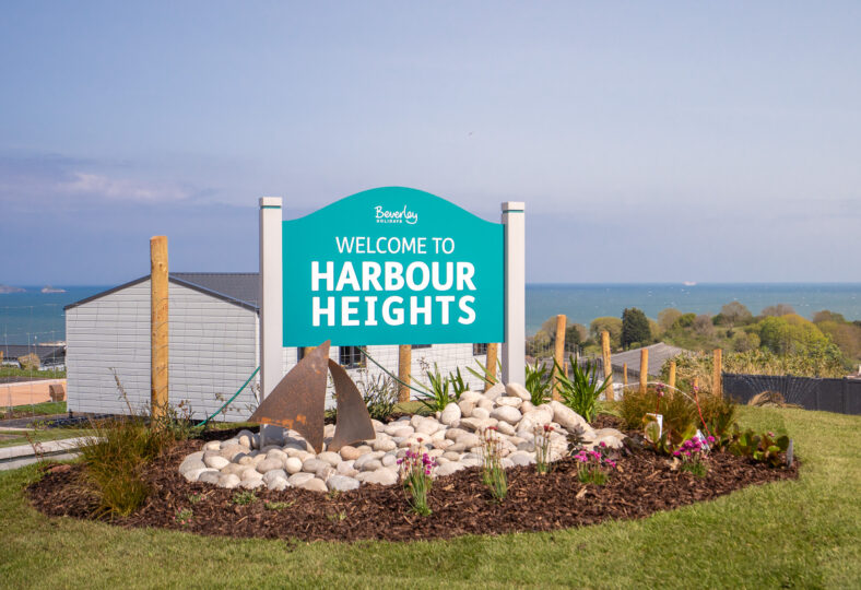 Entrance Sign to Harbour Heights luxury lodge development with sea view