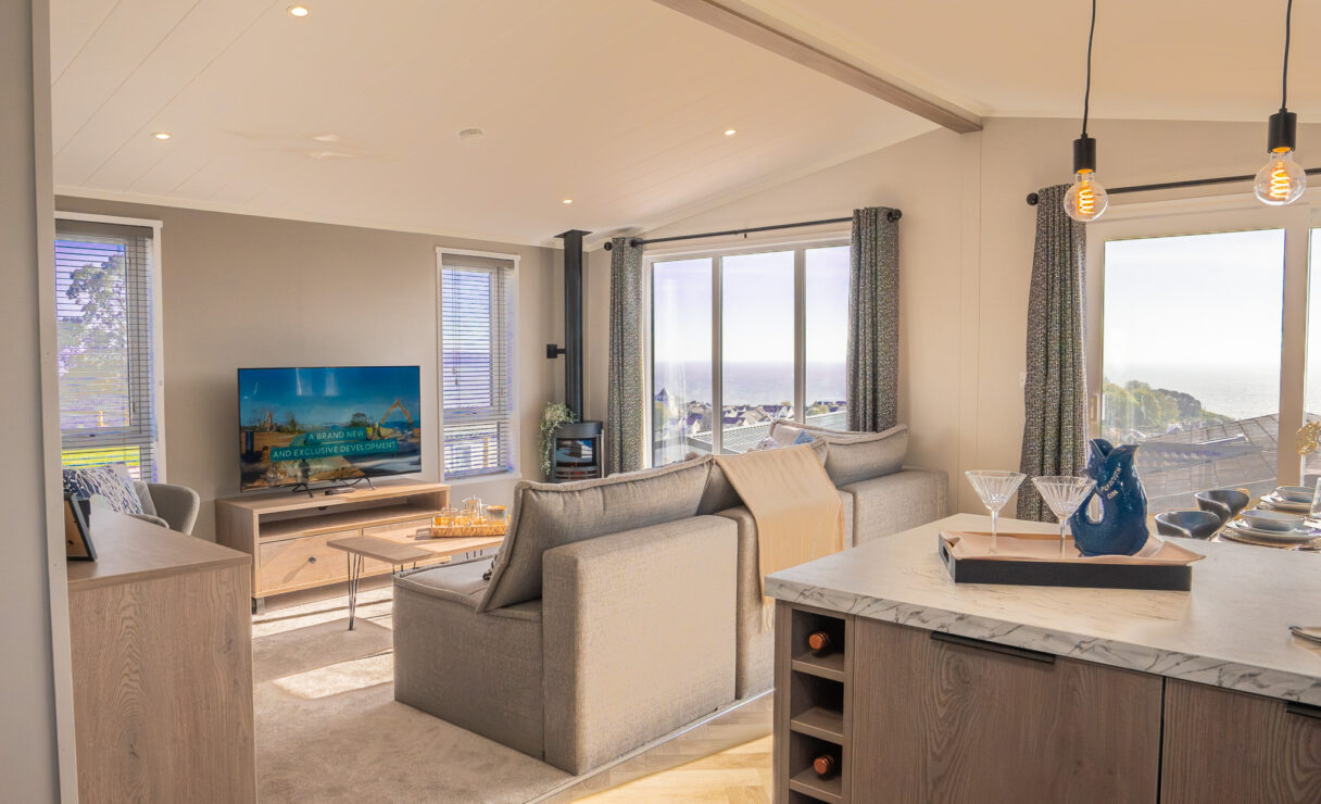 Victory View Lodge open plan living area with sea views