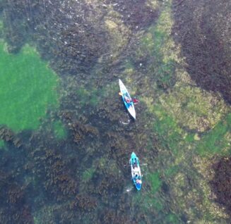 Aerial shot of two people kayaking
